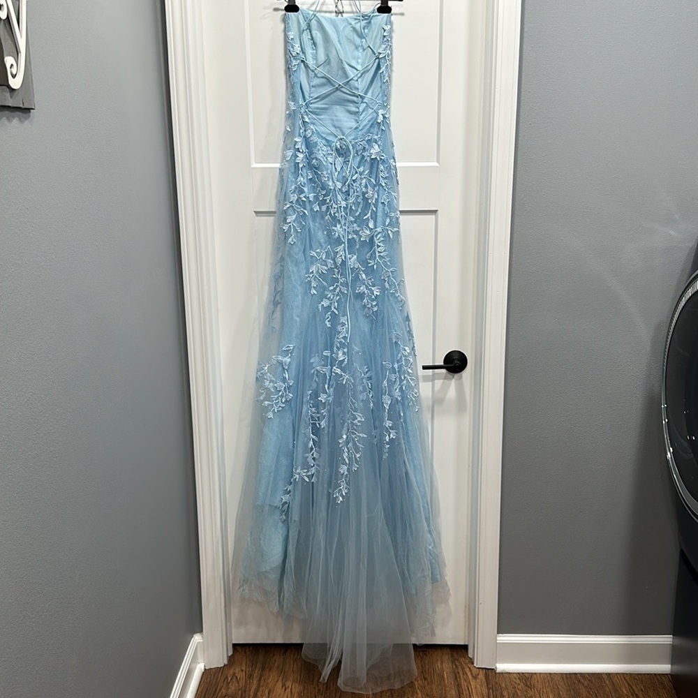 Trumpet/Mermaid Scoop Neck Lace Tulle Sweep Train Appliques Prom Dress Size 0 - Picture 2 of 14